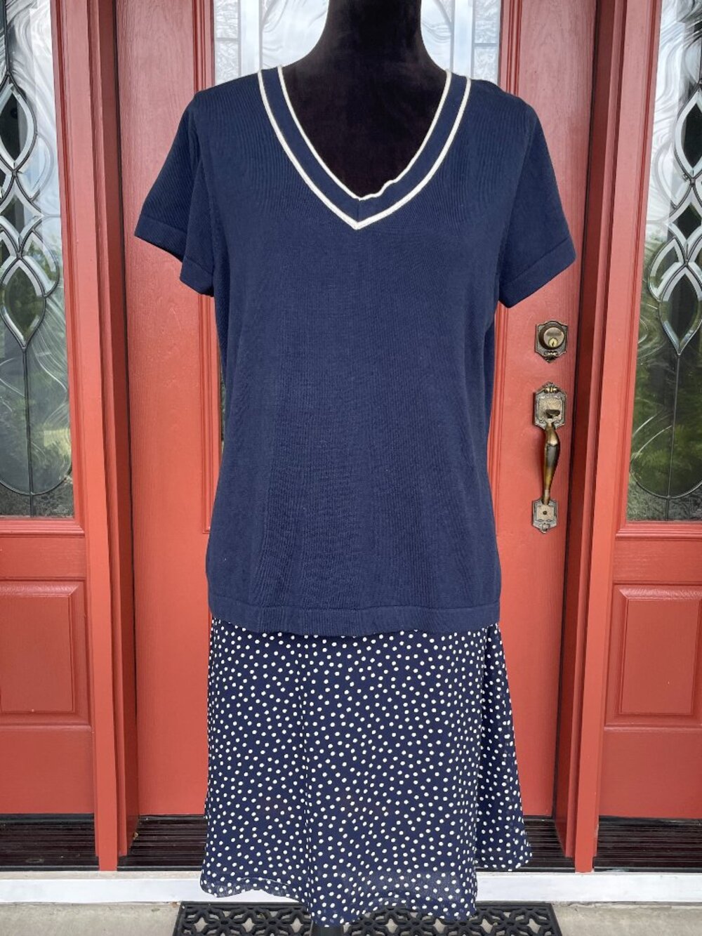 Women's JACLYN SMITH 2 pc Skirt Outfit Size 14 Navy Dot